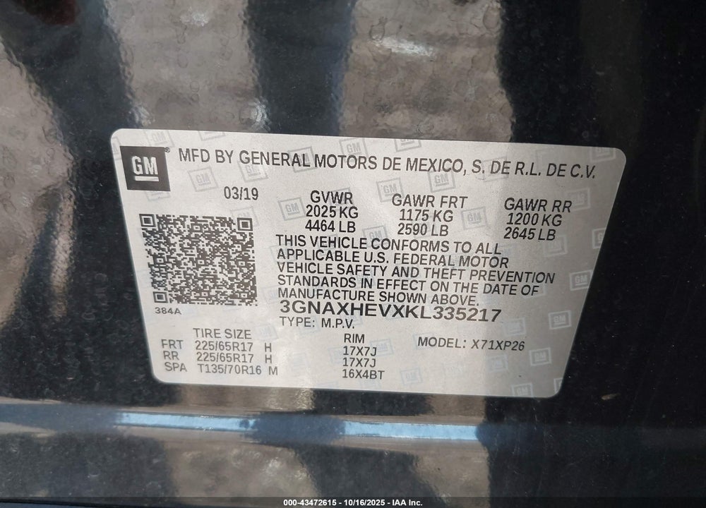 2019 CHEVROLET EQUINOX VIN: 3GNAXHEVXKL335217