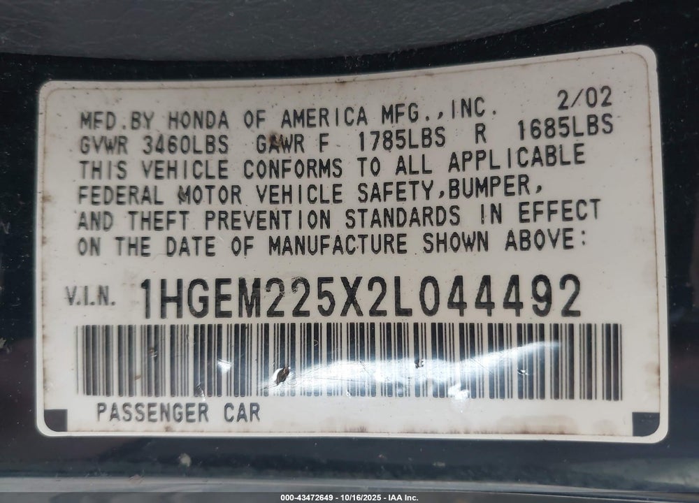 2002 HONDA CIVIC LX VIN: 1HGEM225X2L044492