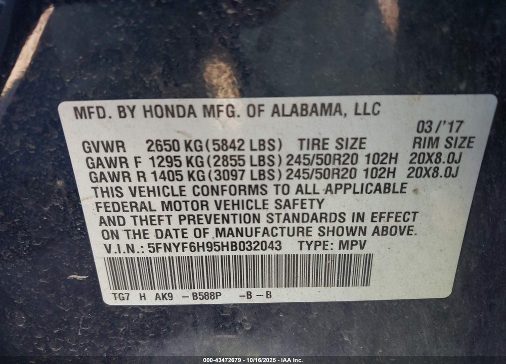 2017 HONDA PILOT TOURING VIN: 5FNYF6H95HB032043