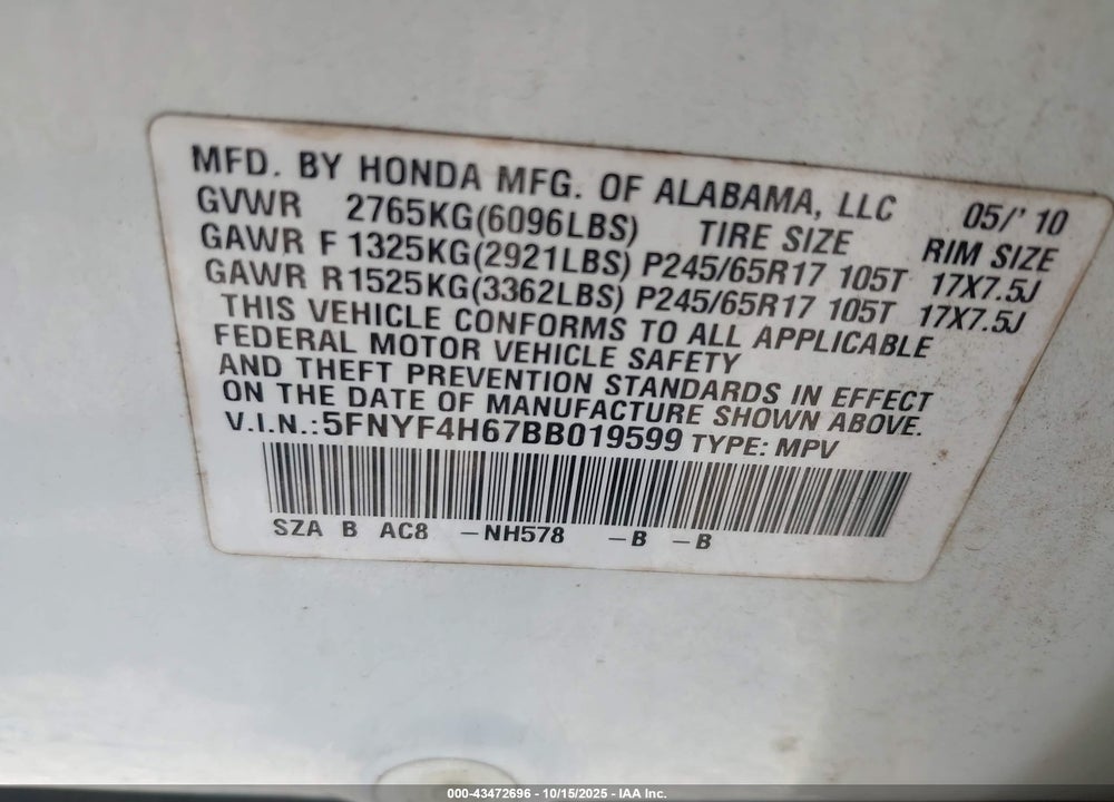 2011 HONDA PILOT VIN: 5FNYF4H67BB019599