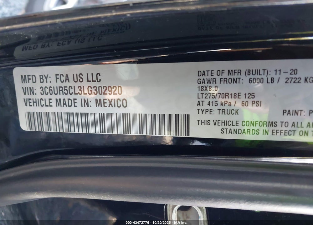 2020 RAM 2500 TRADESMAN 4X4 6'4 BOX VIN: 3C6UR5CL3LG302920