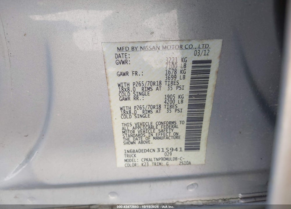 2012 NISSAN TITAN SV VIN: 1N6BA0ED4CN315941