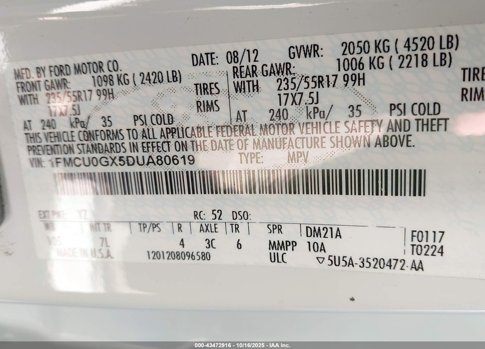 2013 FORD ESCAPE SE VIN: 1FMCU0GX5DUA80619