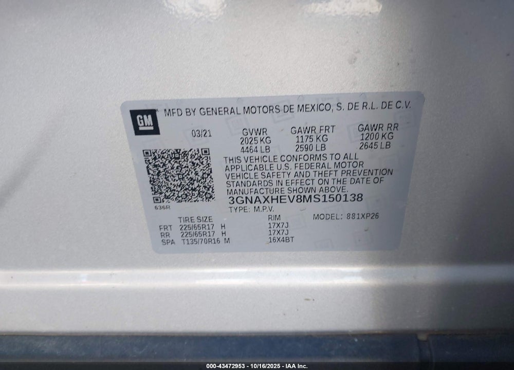2021 CHEVROLET EQUINOX FWD LS VIN: 3GNAXHEV8MS150138