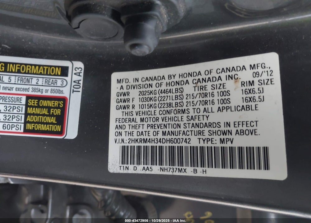 2013 HONDA CR-V LX VIN: 2HKRM4H34DH600742