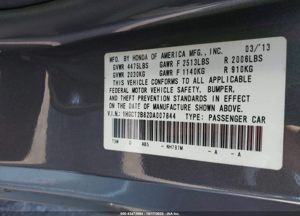 2013 HONDA ACCORD EX-L V-6 VIN: 1HGCT2B82DA007844