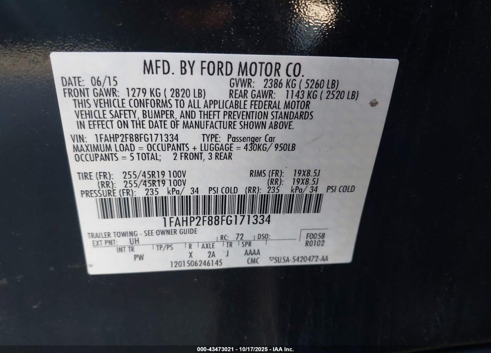 2015 FORD TAURUS LIMITED VIN: 1FAHP2F88FG171334