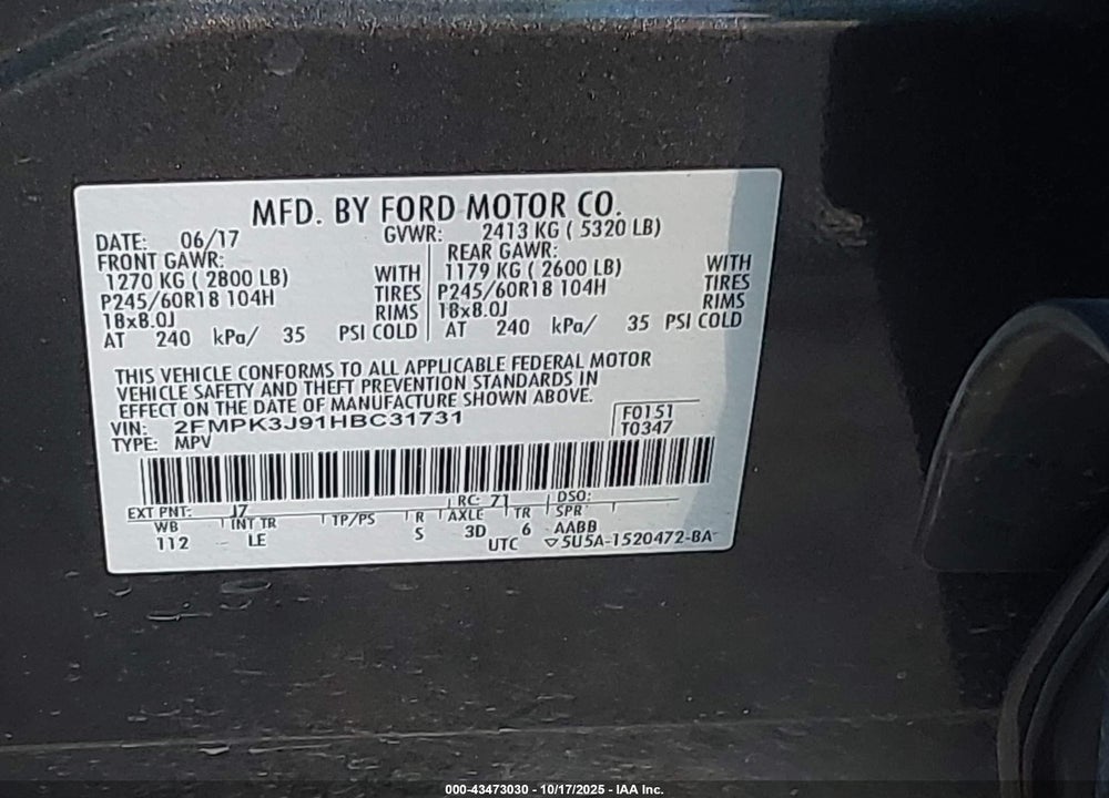 2017 FORD EDGE SEL VIN: 2FMPK3J91HBC31731