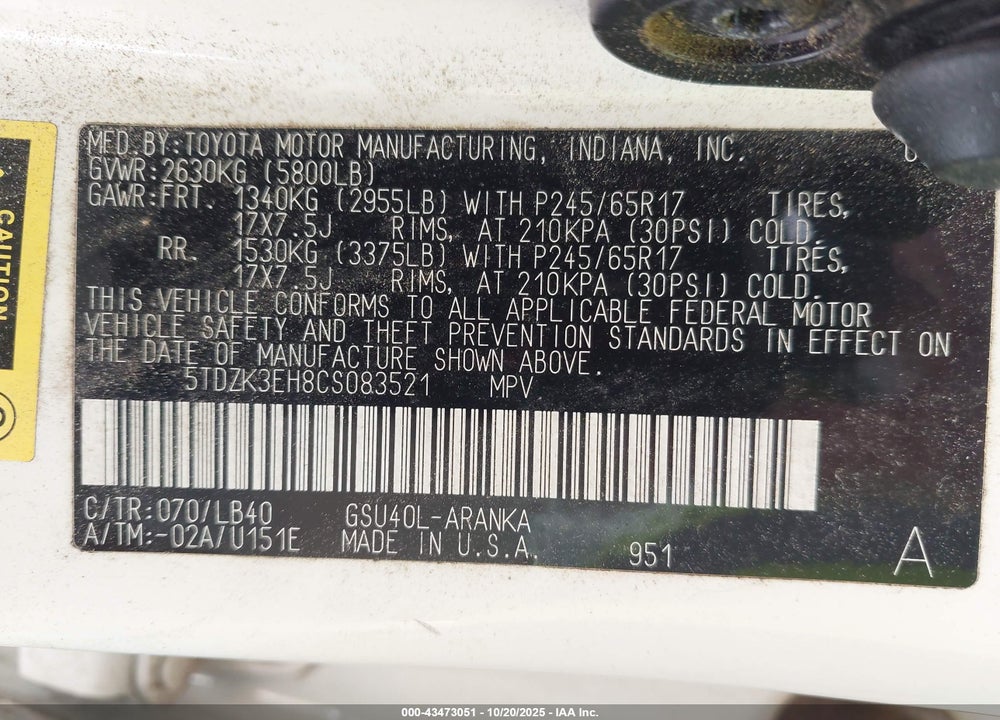 2012 TOYOTA HIGHLANDER SE V6 VIN: 5TDZK3EH8CS083521