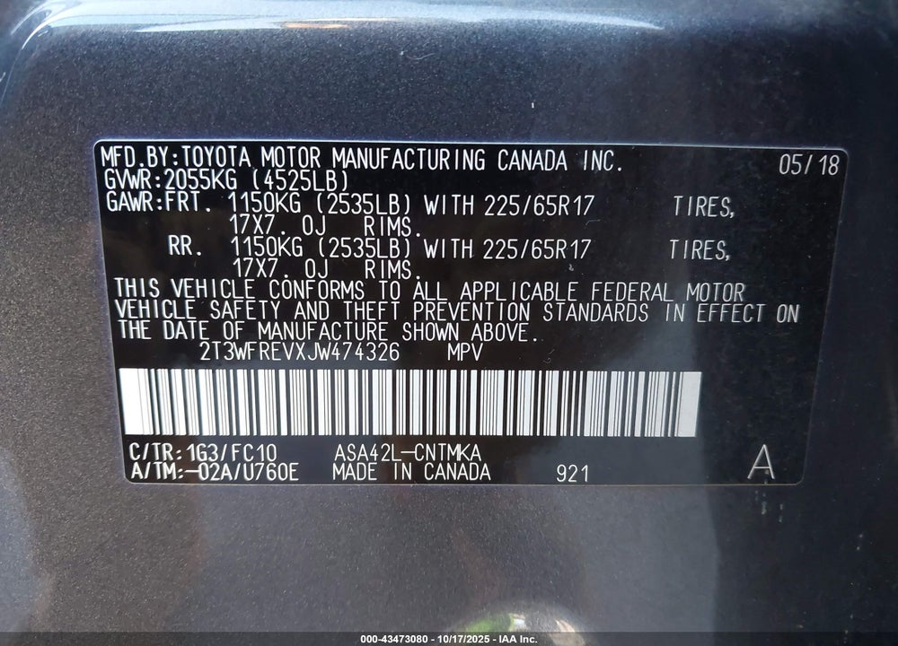 2018 TOYOTA RAV4 XLE VIN: 2T3WFREVXJW474326