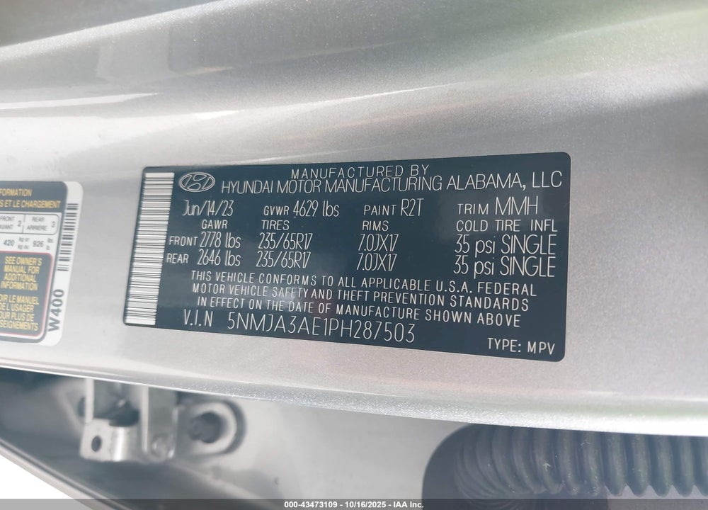 2023 HYUNDAI TUCSON SE VIN: 5NMJA3AE1PH287503