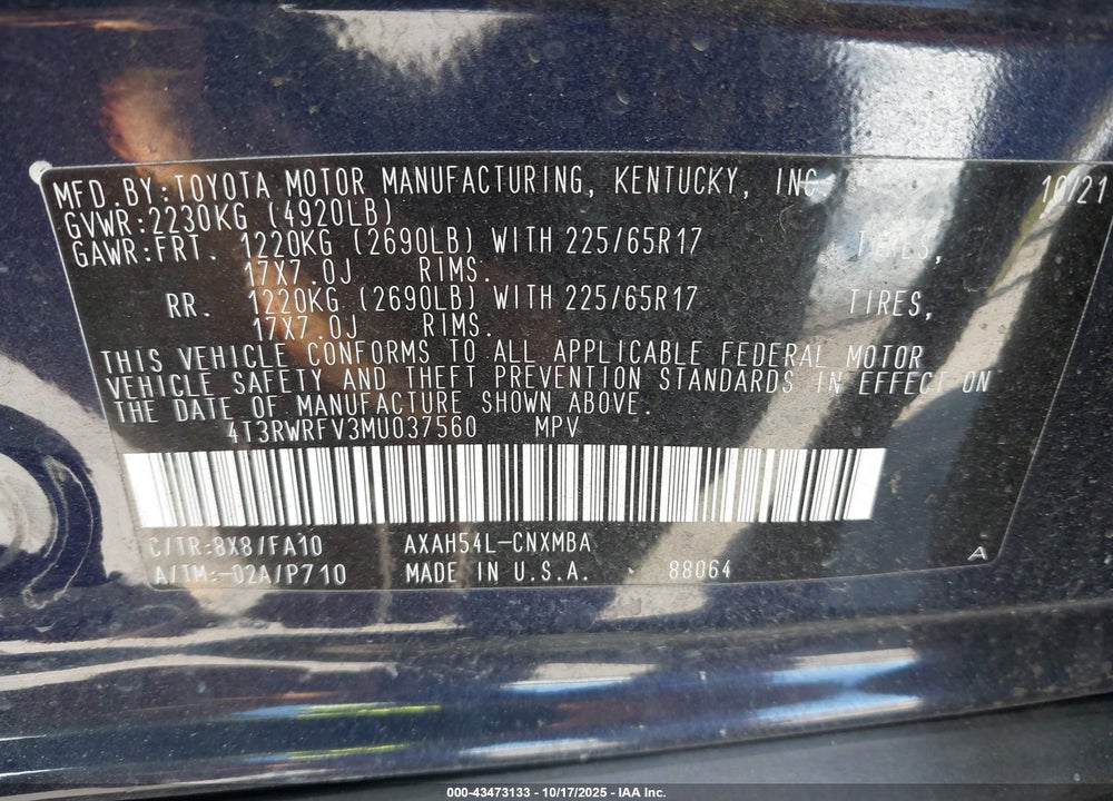 2021 TOYOTA RAV4 HYBRID VIN: 4T3RWRFV3MU037560