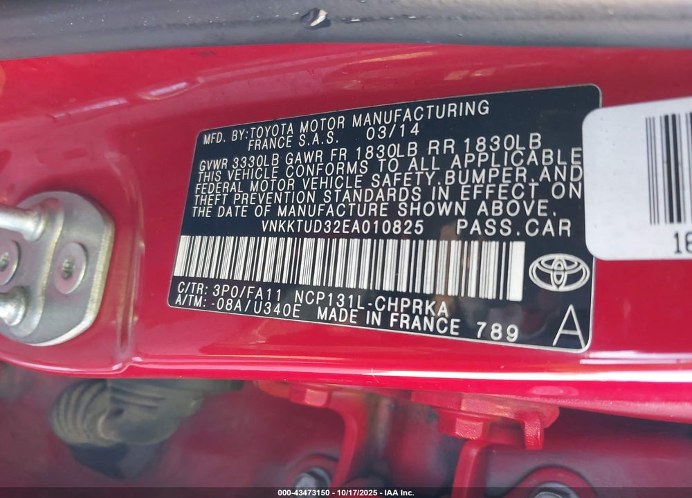 2014 TOYOTA YARIS L (TMMF PLANT) VIN: VNKKTUD32EA010825
