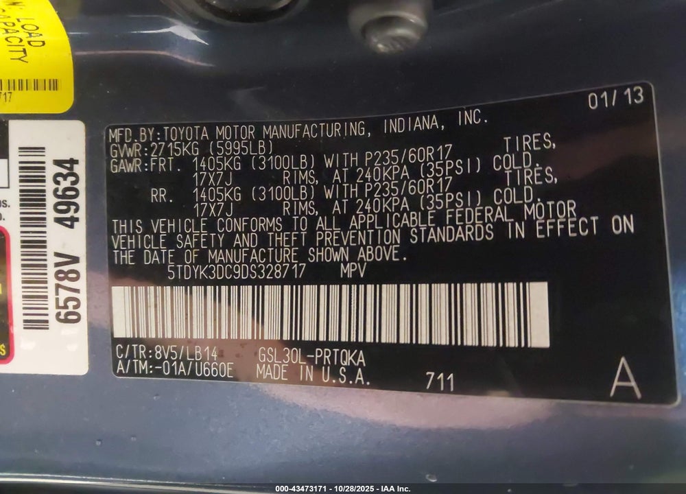 2013 TOYOTA SIENNA XLE V6 8 PASSENGER VIN: 5TDYK3DC9DS328717