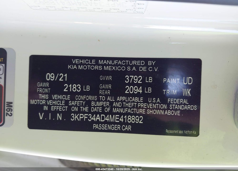 2021 KIA FORTE GT LINE VIN: 3KPF34AD4ME418892