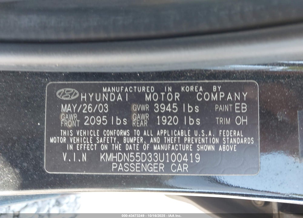 2003 HYUNDAI ELANTRA GT VIN: KMHDN55D33U100419