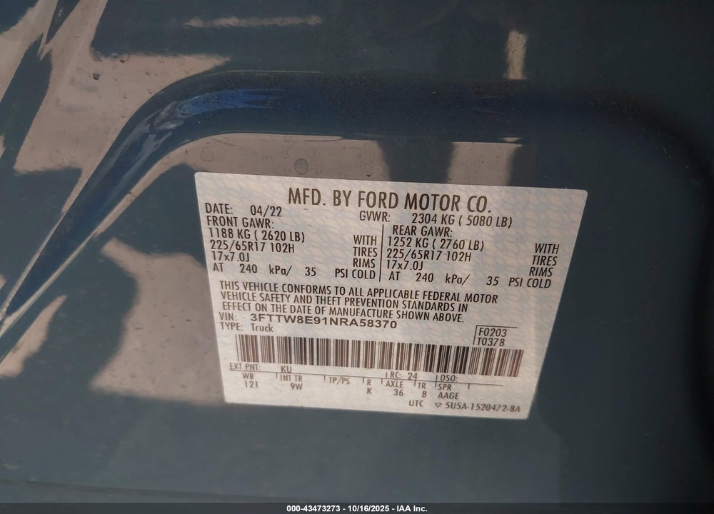 2022 FORD MAVERICK VIN: 3FTTW8E91NRA58370