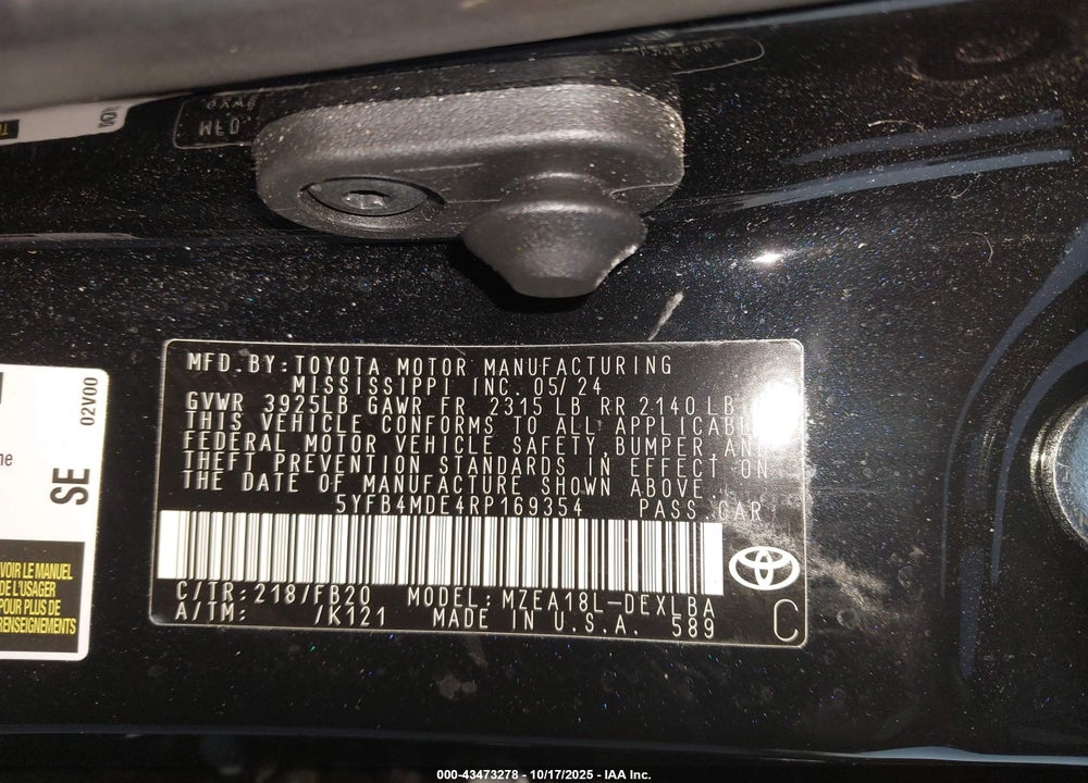 2024 TOYOTA COROLLA LE VIN: 5YFB4MDE4RP169354