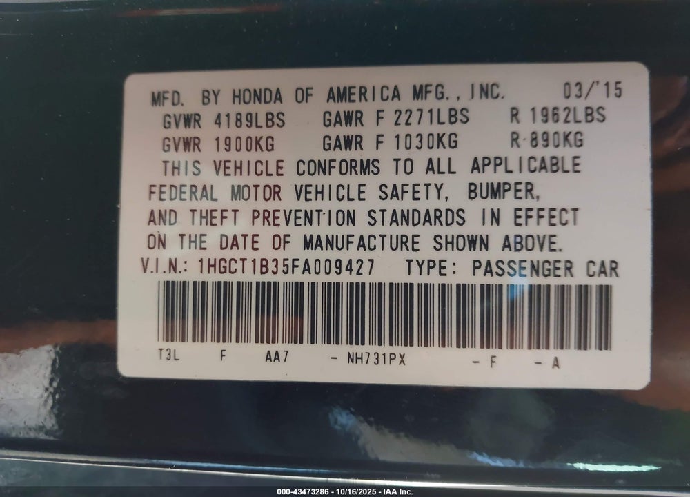 2015 HONDA ACCORD LX-S VIN: 1HGCT1B35FA009427