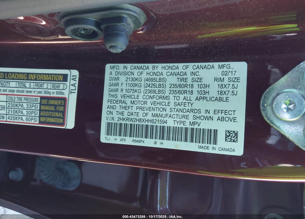 2017 HONDA CR-V EX-L/EX-L NAVI VIN: 2HKRW2H8XHH621594