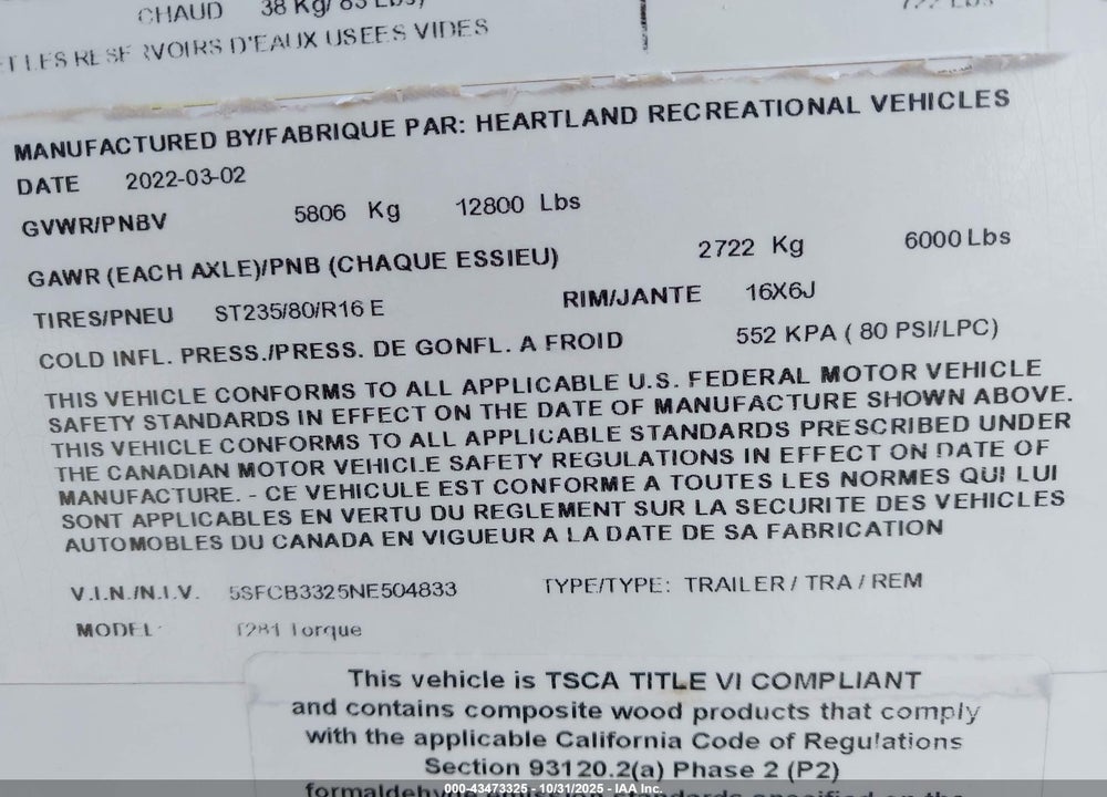 2022 HEARTLAND TORQUE VIN: 5SFCB3325NE504833