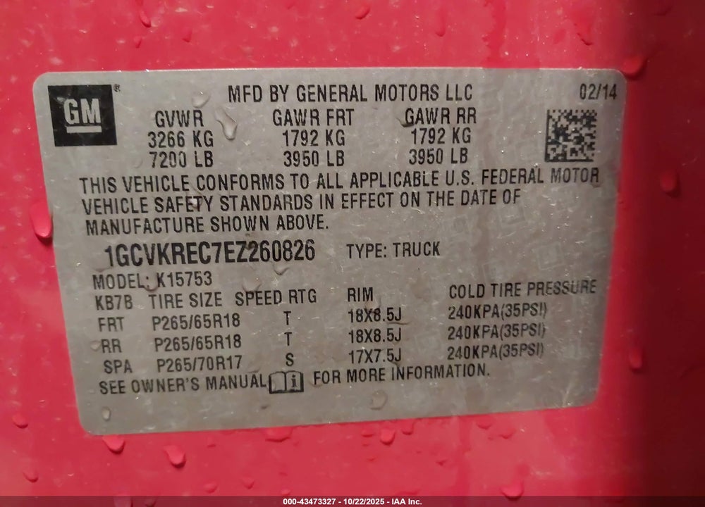 2014 CHEVROLET SILVERADO 1500 1LT VIN: 1GCVKREC7EZ260826