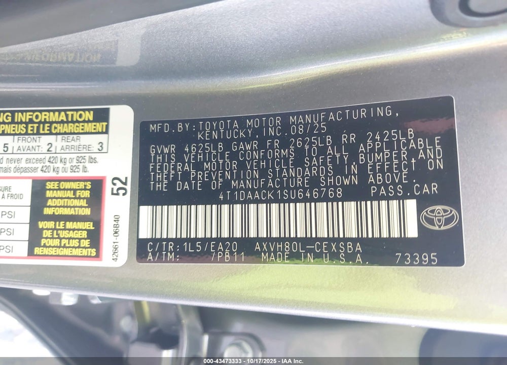 2025 TOYOTA CAMRY VIN: 4T1DAACK1SU646768