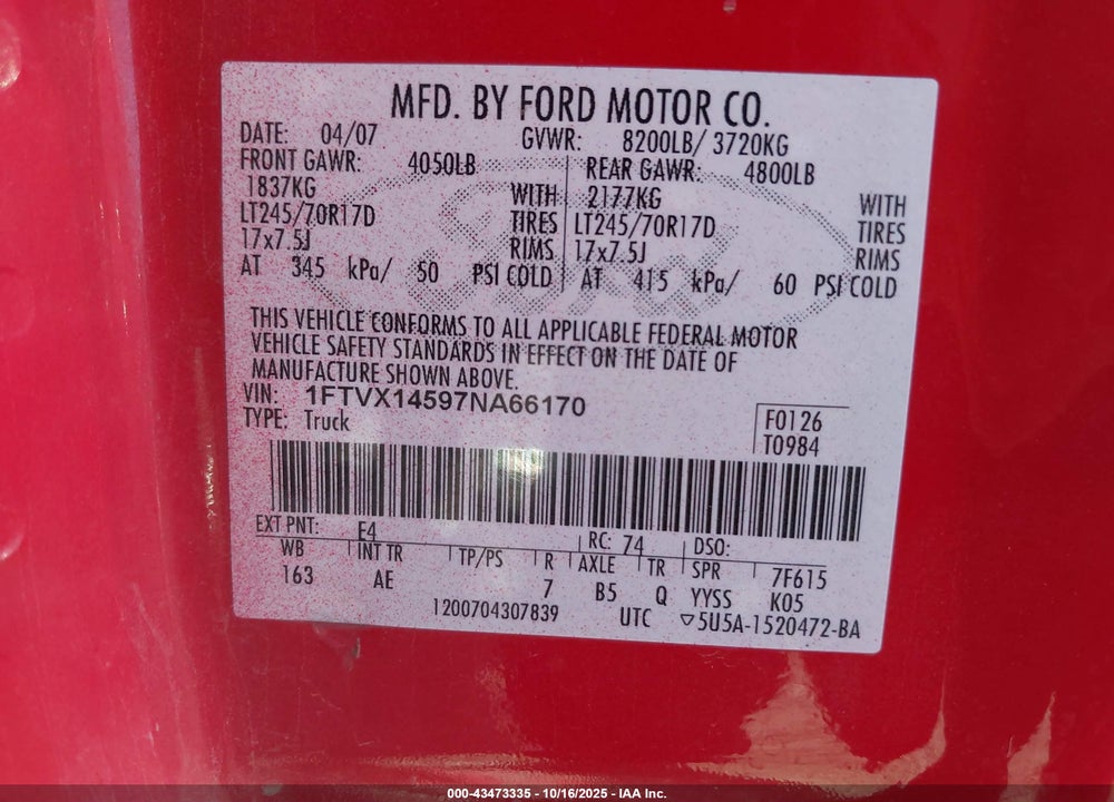 2007 FORD F-150 VIN: 1FTVX14597NA66170