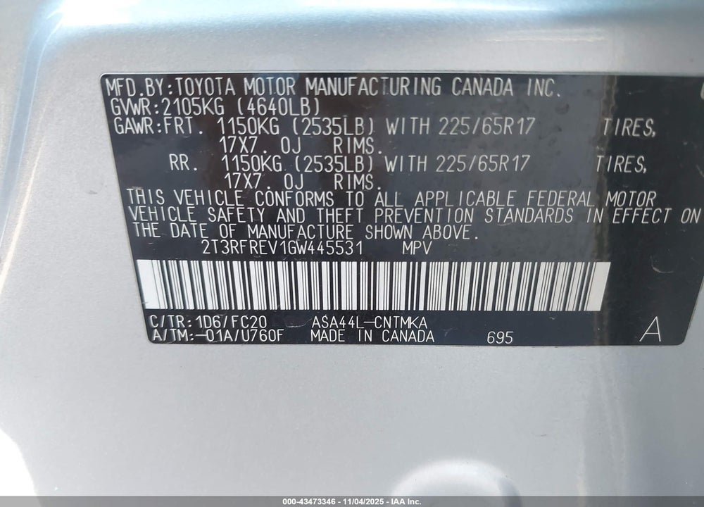 2016 TOYOTA RAV4 XLE VIN: 2T3RFREV1GW445531