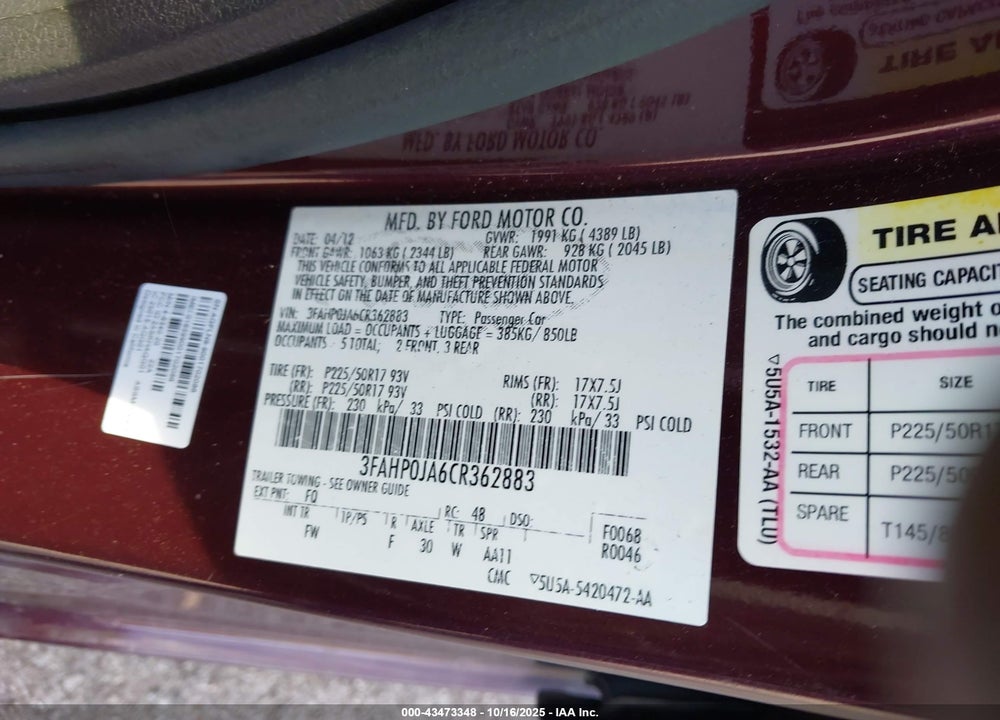2012 FORD FUSION VIN: 3FAHP0JA6CR362883