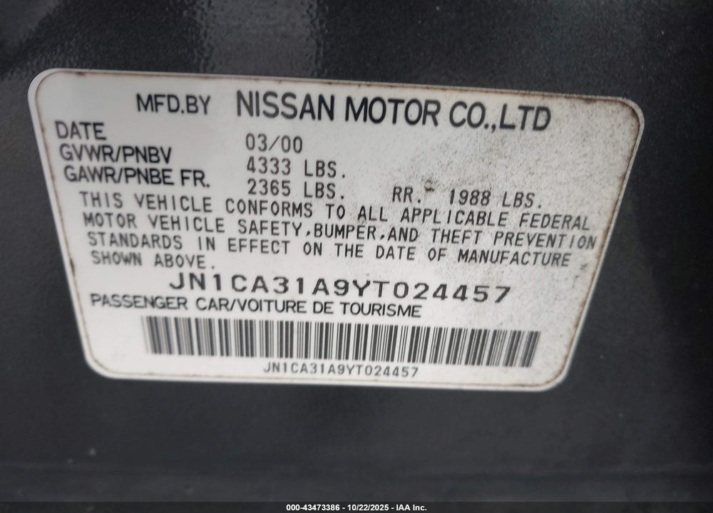 2000 NISSAN MAXIMA GLE/GXE/SE VIN: JN1CA31A9YT024457