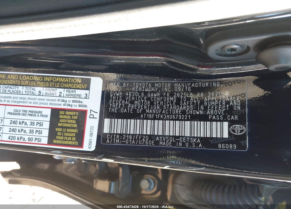 2017 TOYOTA CAMRY SE VIN: 4T1BF1FK3HU679221