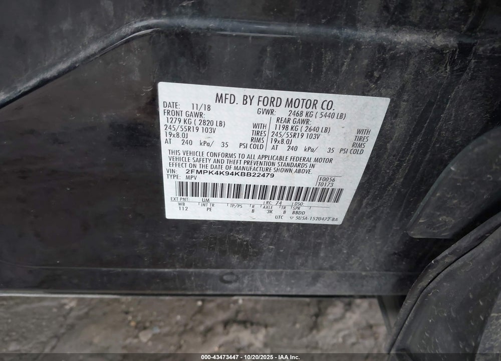 2019 FORD EDGE TITANIUM VIN: 2FMPK4K94KBB22479