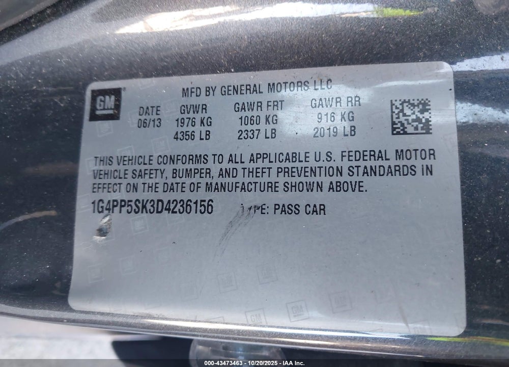 2013 BUICK VERANO VIN: 1G4PP5SK3D4236156