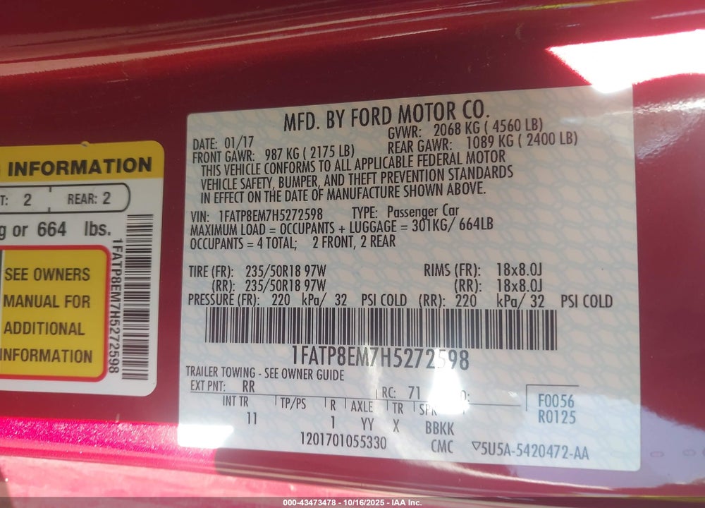 2017 FORD MUSTANG VIN: 1FATP8EM7H5272598