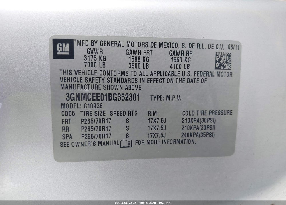 2011 CHEVROLET AVALANCHE 1500 LS VIN: 3GNMCEE01BG352301