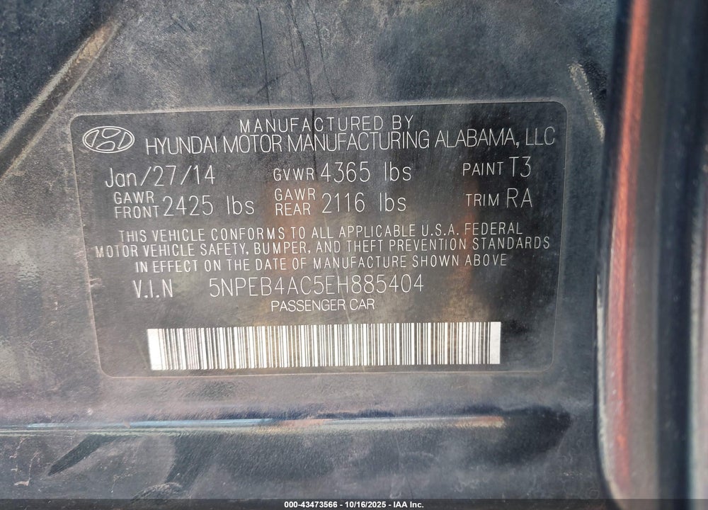 2014 HYUNDAI SONATA VIN: 5NPEB4AC5EH885404