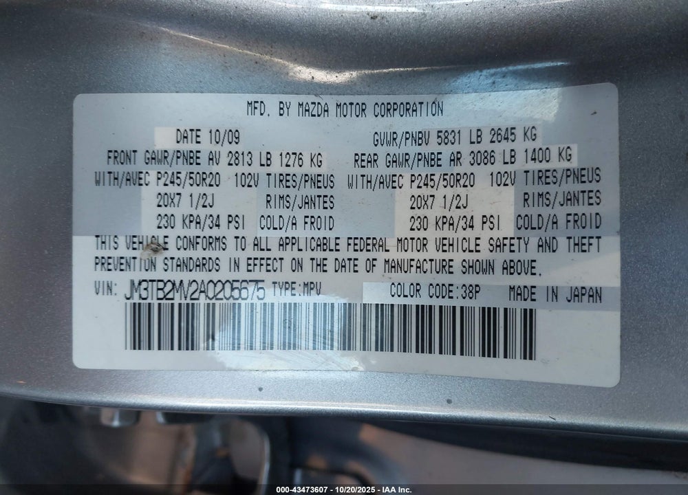 2010 MAZDA CX-9 VIN: JM3TB2MV2A0205675