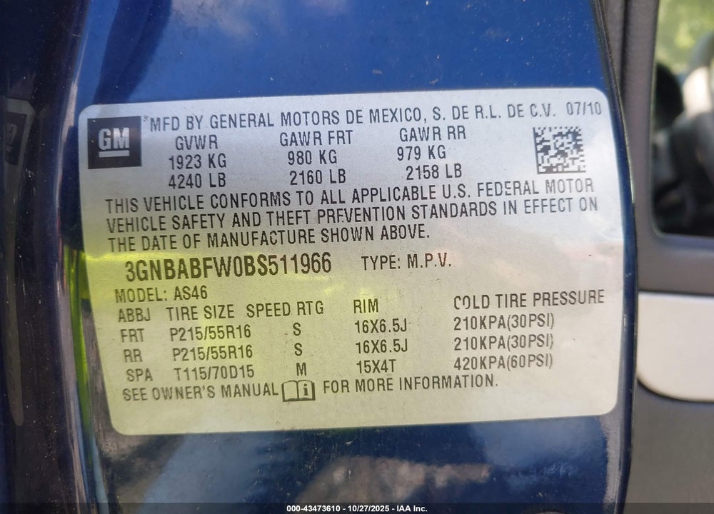 2011 CHEVROLET HHR LT VIN: 3GNBABFW0BS511966