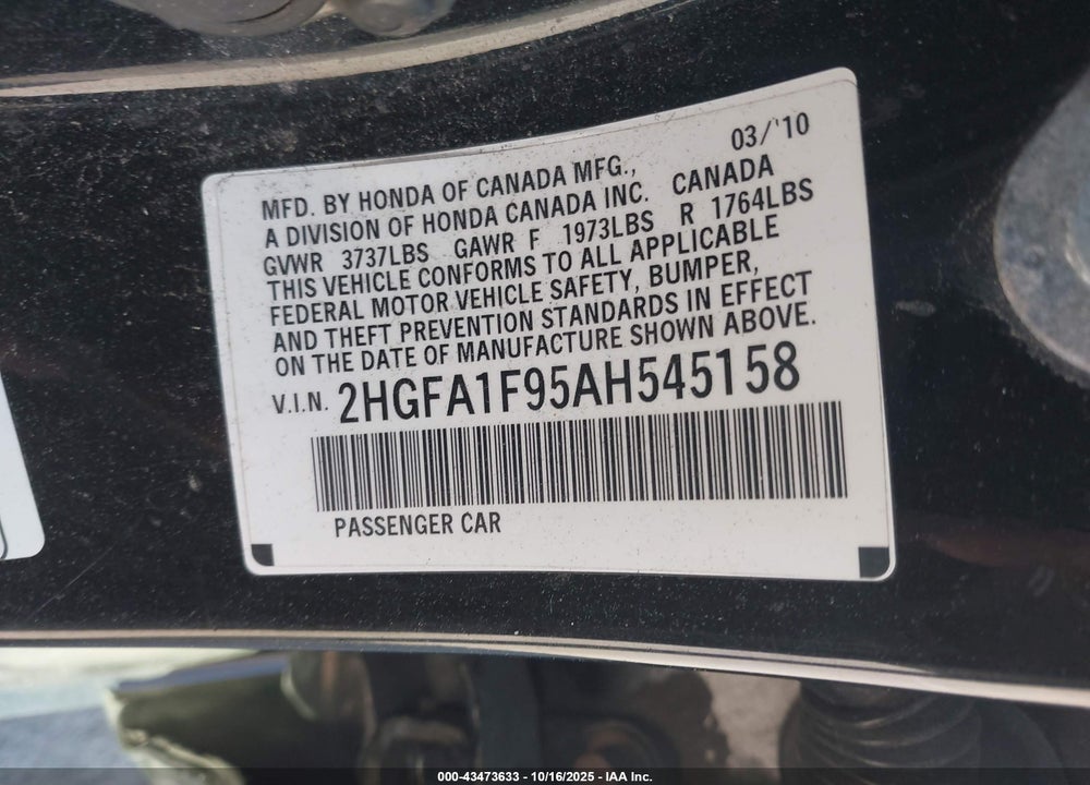 2010 HONDA CIVIC EX-L VIN: 2HGFA1F95AH545158