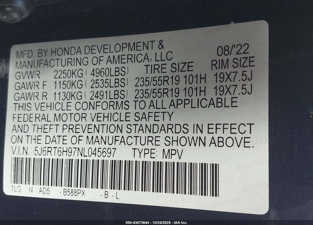 2022 HONDA CR-V HYBRID TOURING VIN: 5J6RT6H97NL045697