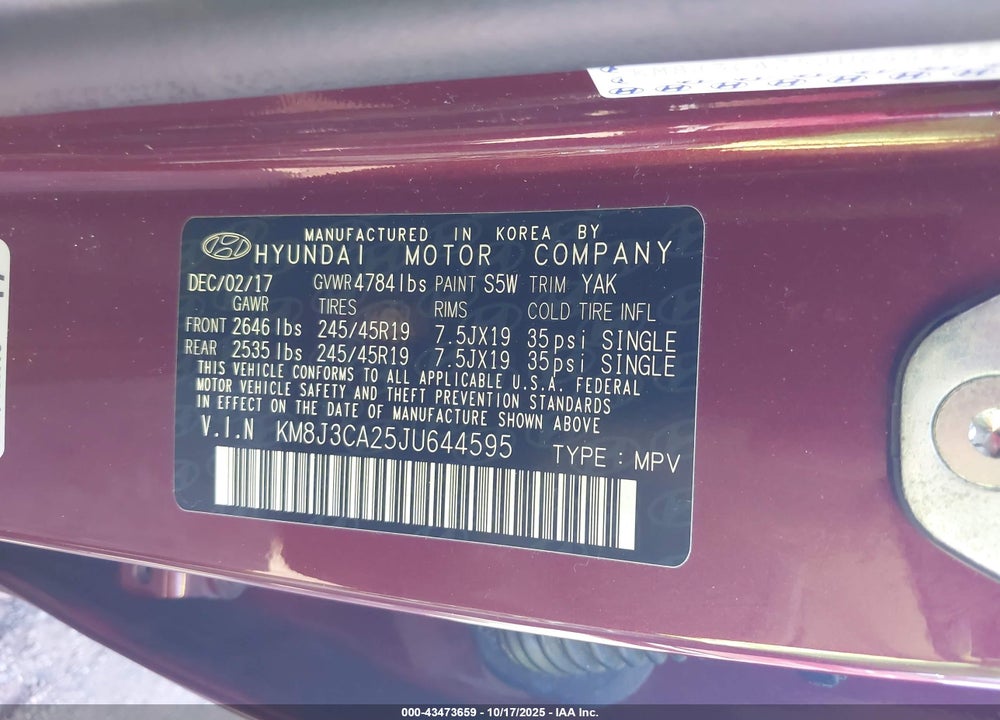 2018 HYUNDAI TUCSON VALUE VIN: KM8J3CA25JU644595