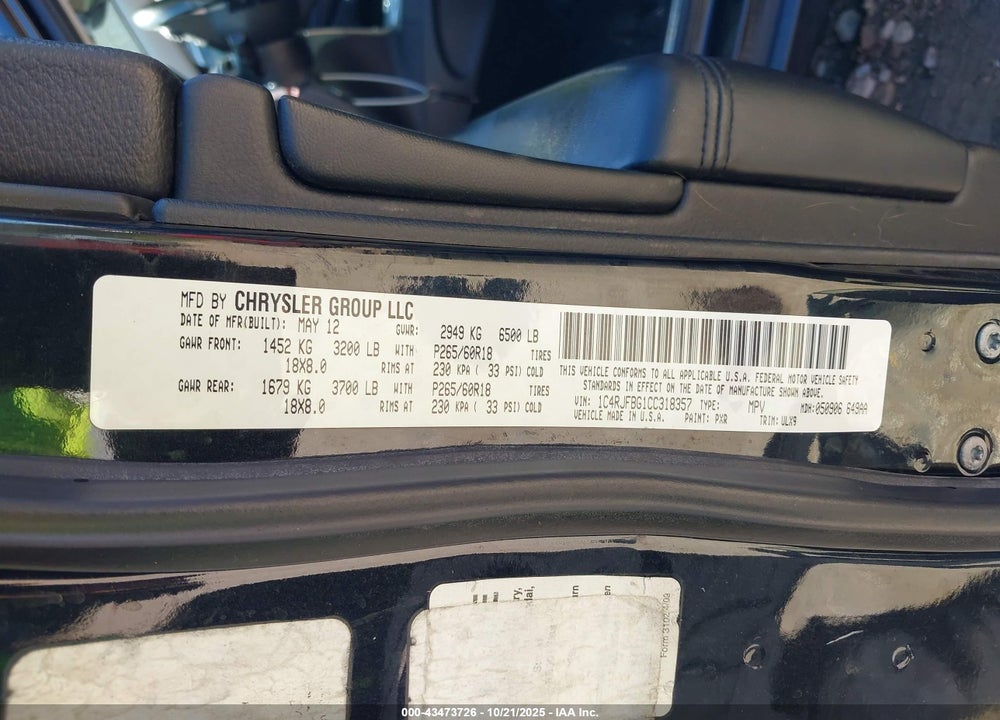 2012 JEEP GRAND CHEROKEE LIMITED VIN: 1C4RJFBG1CC318357