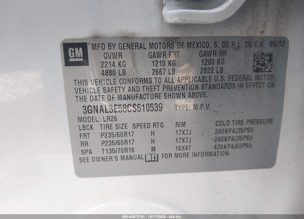 2012 CHEVROLET CAPTIVA SPORT VIN: 3GNAL3E58CS610539