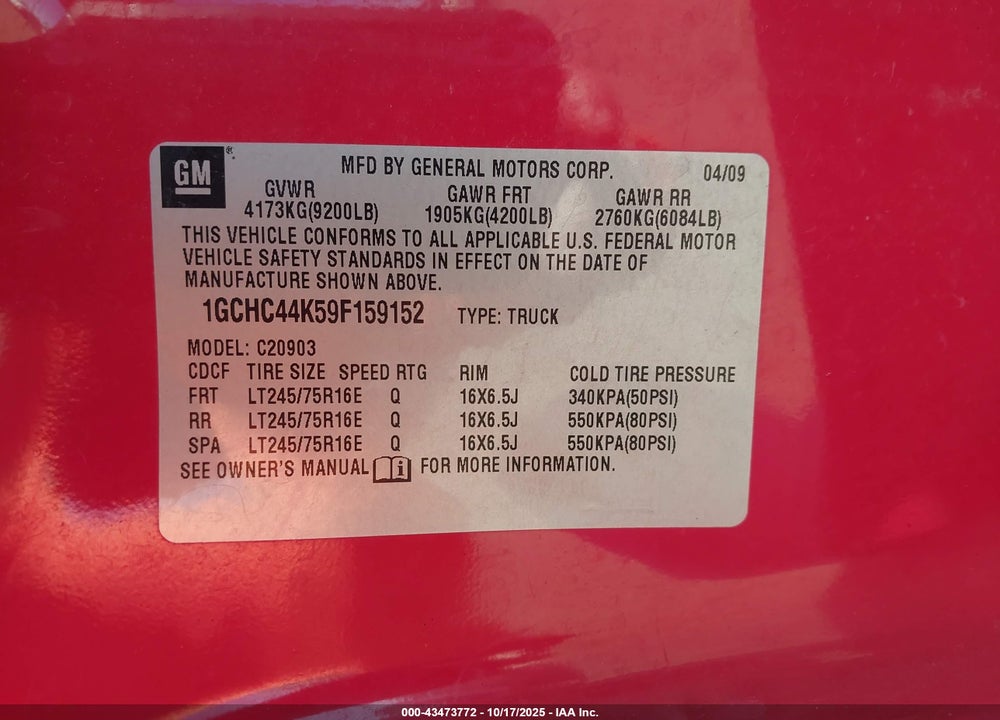 2009 CHEVROLET SILVERADO 2500HD WORK TRUCK VIN: 1GCHC44K59F159152