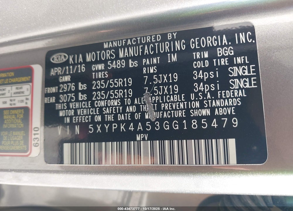 2016 KIA SORENTO 3.3L SX VIN: 5XYPK4A53GG185479