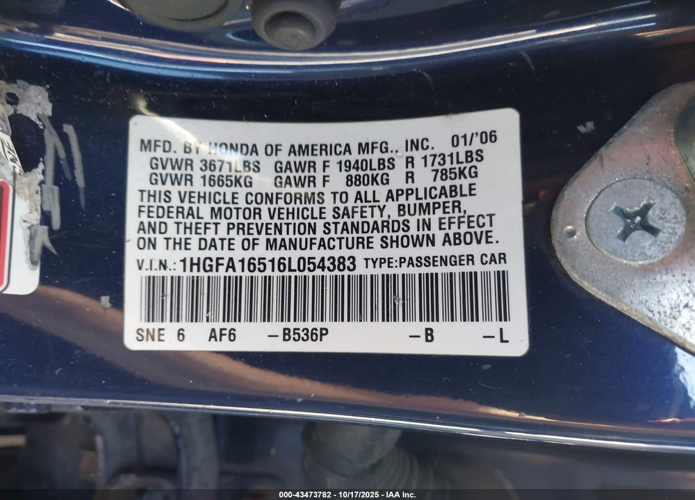 2006 HONDA CIVIC VIN: 1HGFA16516L054383