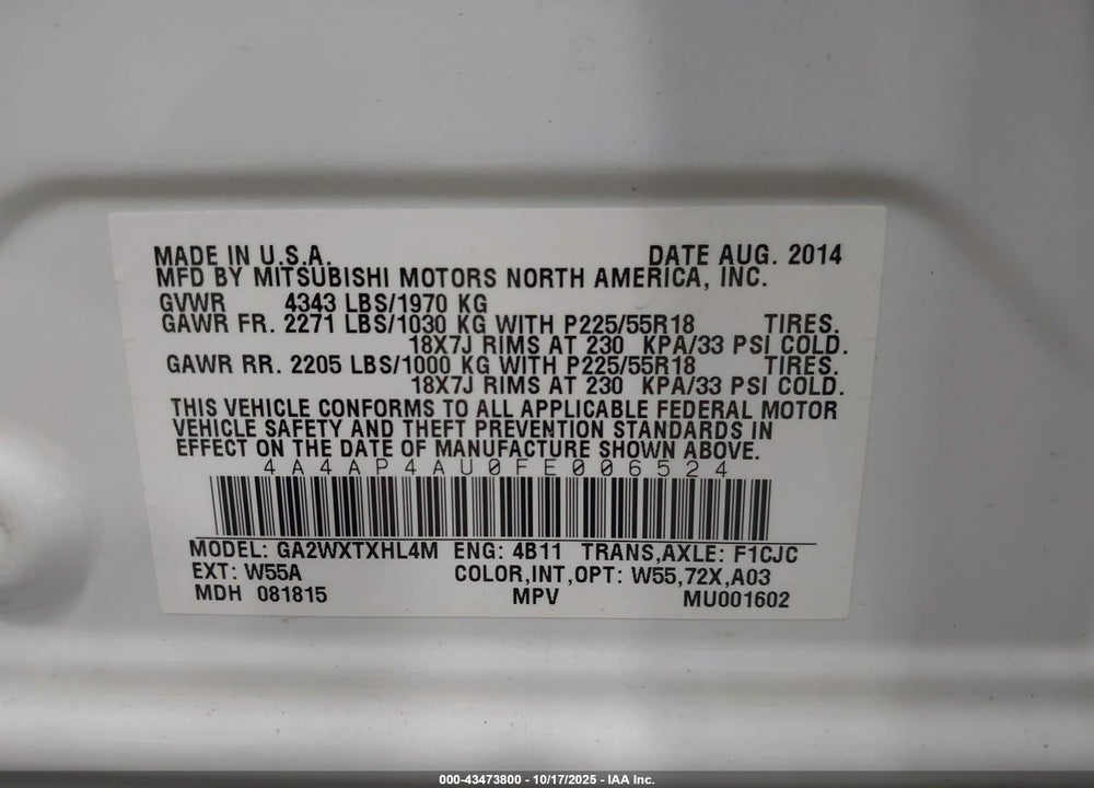 2015 MITSUBISHI OUTLANDER SPORT SE VIN: 4A4AP4AU0FE006524