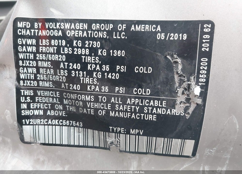 2019 VOLKSWAGEN ATLAS 3.6L V6 SE W/TECHNOLOGY VIN: 1V2UR2CA0KC567543