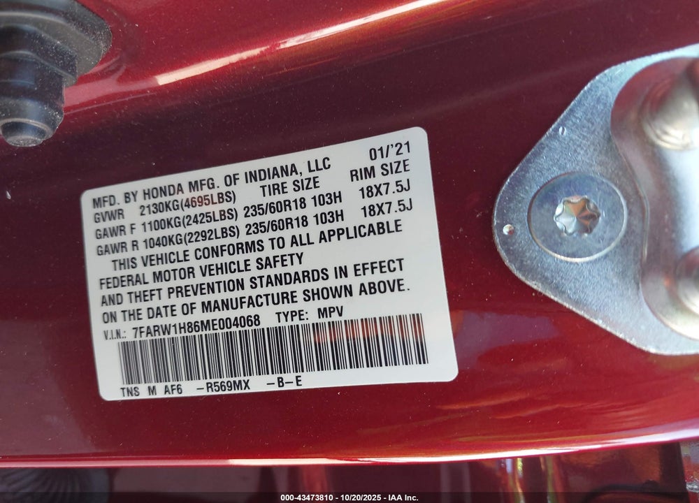 2021 HONDA CR-V VIN: 7FARW1H86ME004068